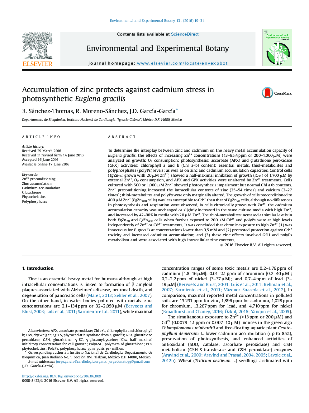 Accumulation of zinc protects against cadmium stress in photosynthetic Euglena gracilis