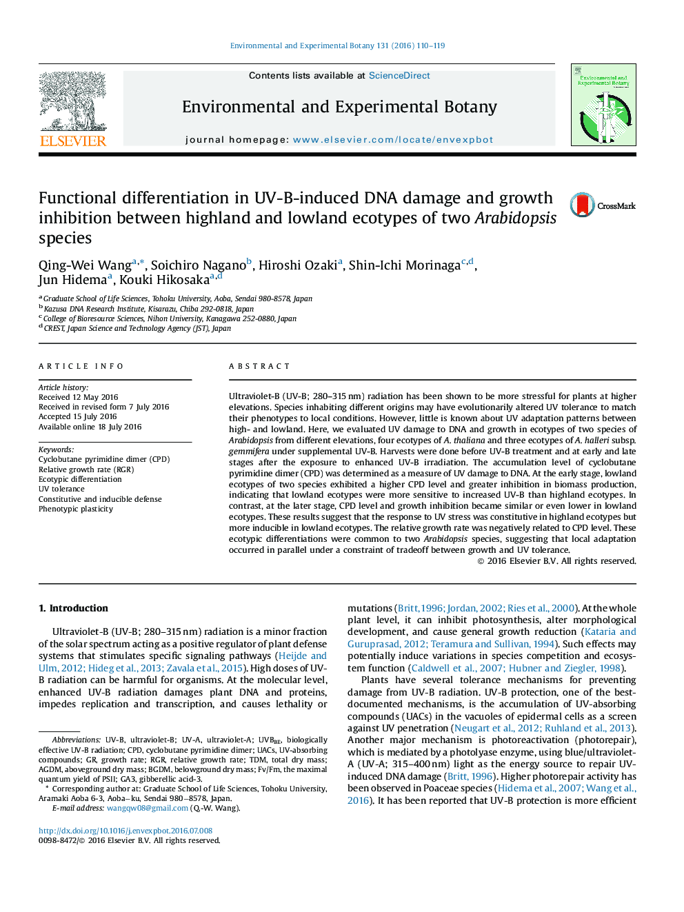 Functional differentiation in UV-B-induced DNA damage and growth inhibition between highland and lowland ecotypes of two Arabidopsis species