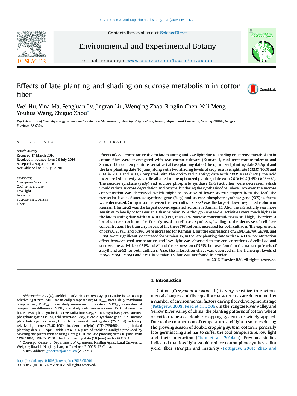 Effects of late planting and shading on sucrose metabolism in cotton fiber