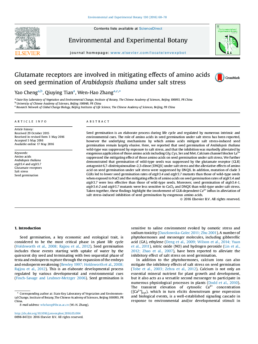 Glutamate receptors are involved in mitigating effects of amino acids on seed germination of Arabidopsis thaliana under salt stress