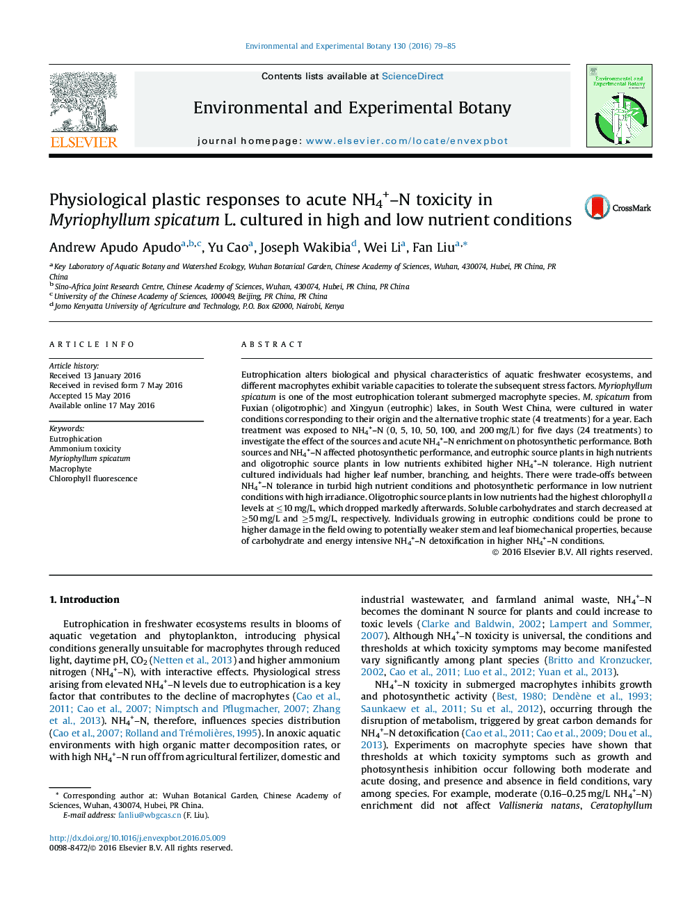 Physiological plastic responses to acute NH4+–N toxicity in Myriophyllum spicatum L. cultured in high and low nutrient conditions