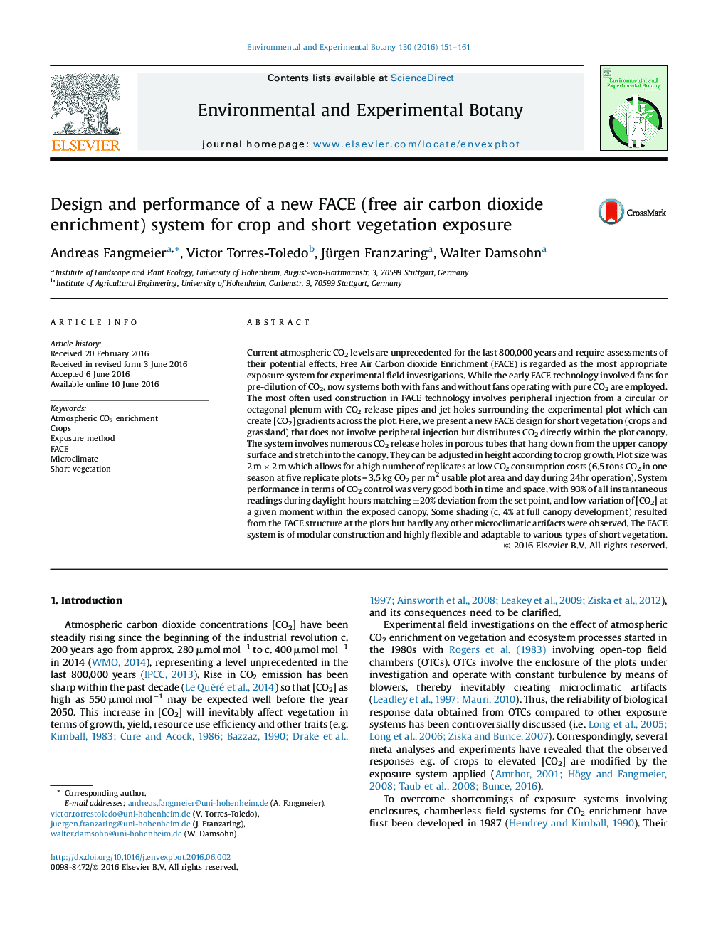 Design and performance of a new FACE (free air carbon dioxide enrichment) system for crop and short vegetation exposure