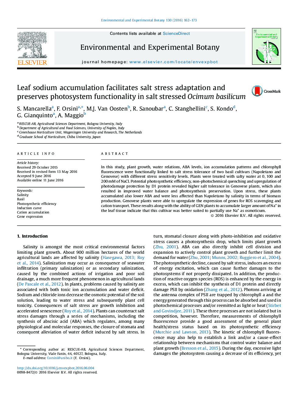 Leaf sodium accumulation facilitates salt stress adaptation and preserves photosystem functionality in salt stressed Ocimum basilicum