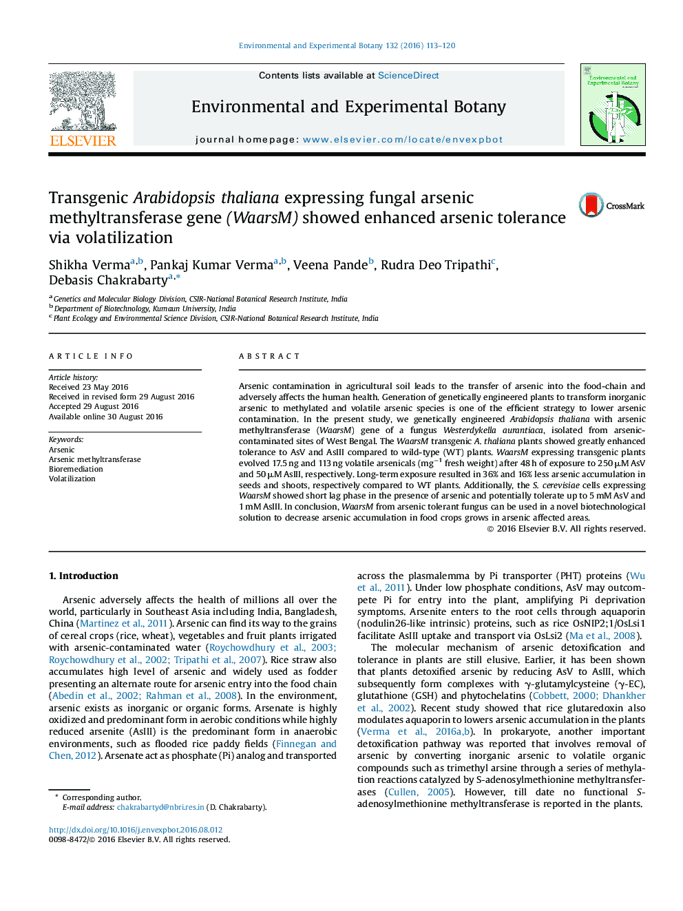 Transgenic Arabidopsis thaliana expressing fungal arsenic methyltransferase gene (WaarsM) showed enhanced arsenic tolerance via volatilization