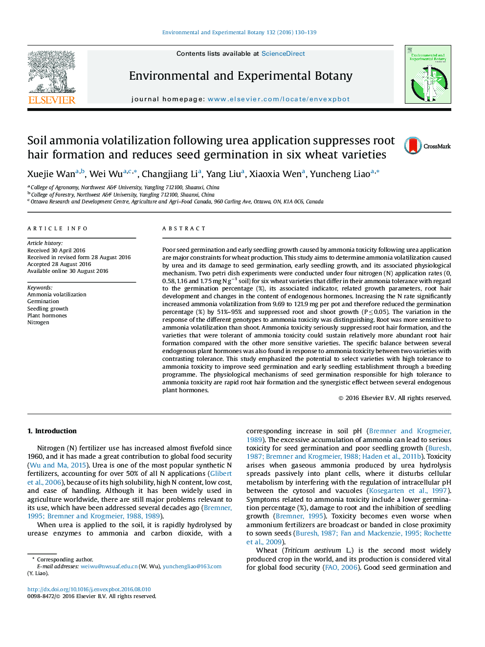 Soil ammonia volatilization following urea application suppresses root hair formation and reduces seed germination in six wheat varieties