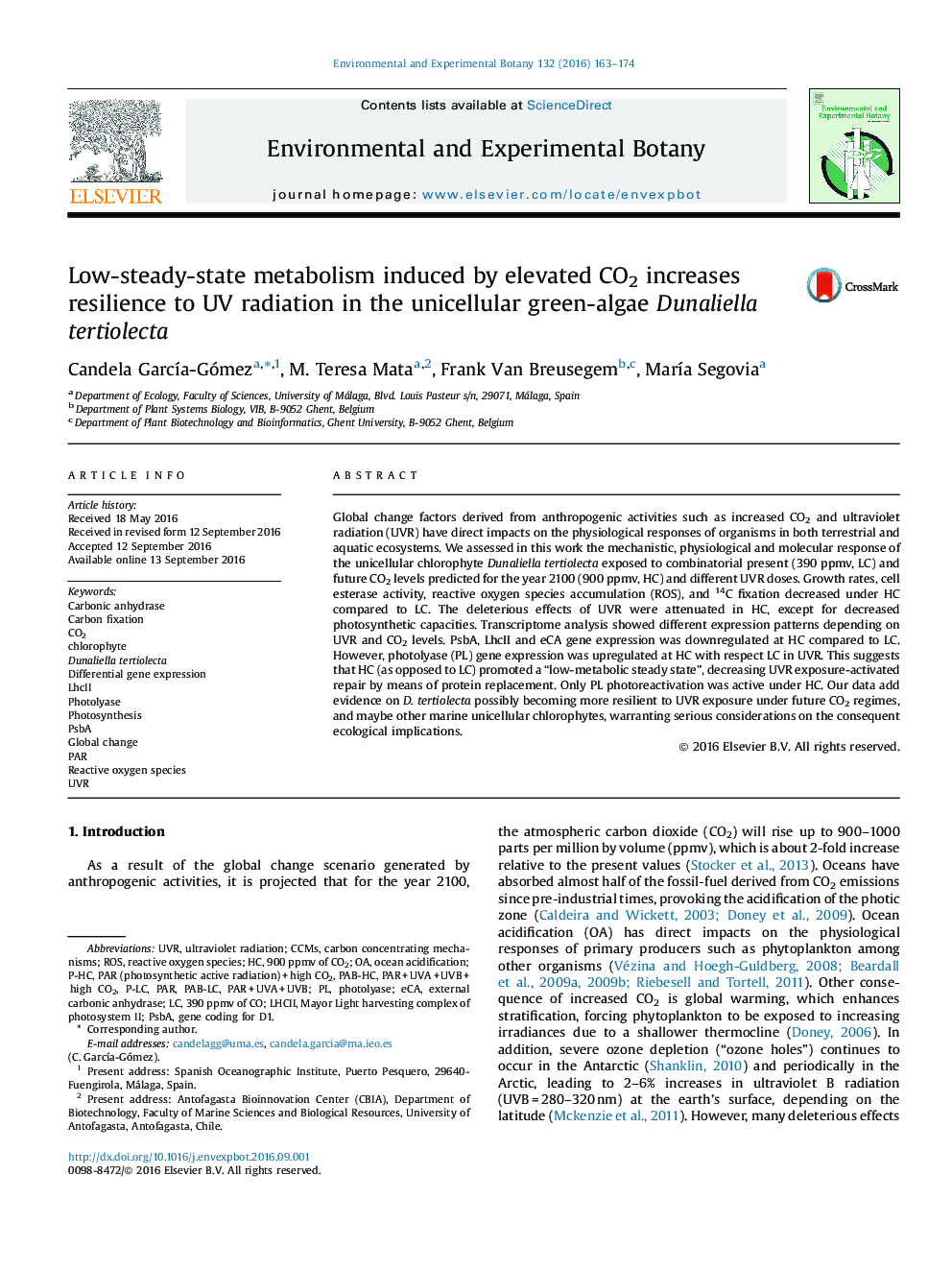 Low-steady-state metabolism induced by elevated CO2 increases resilience to UV radiation in the unicellular green-algae Dunaliella tertiolecta