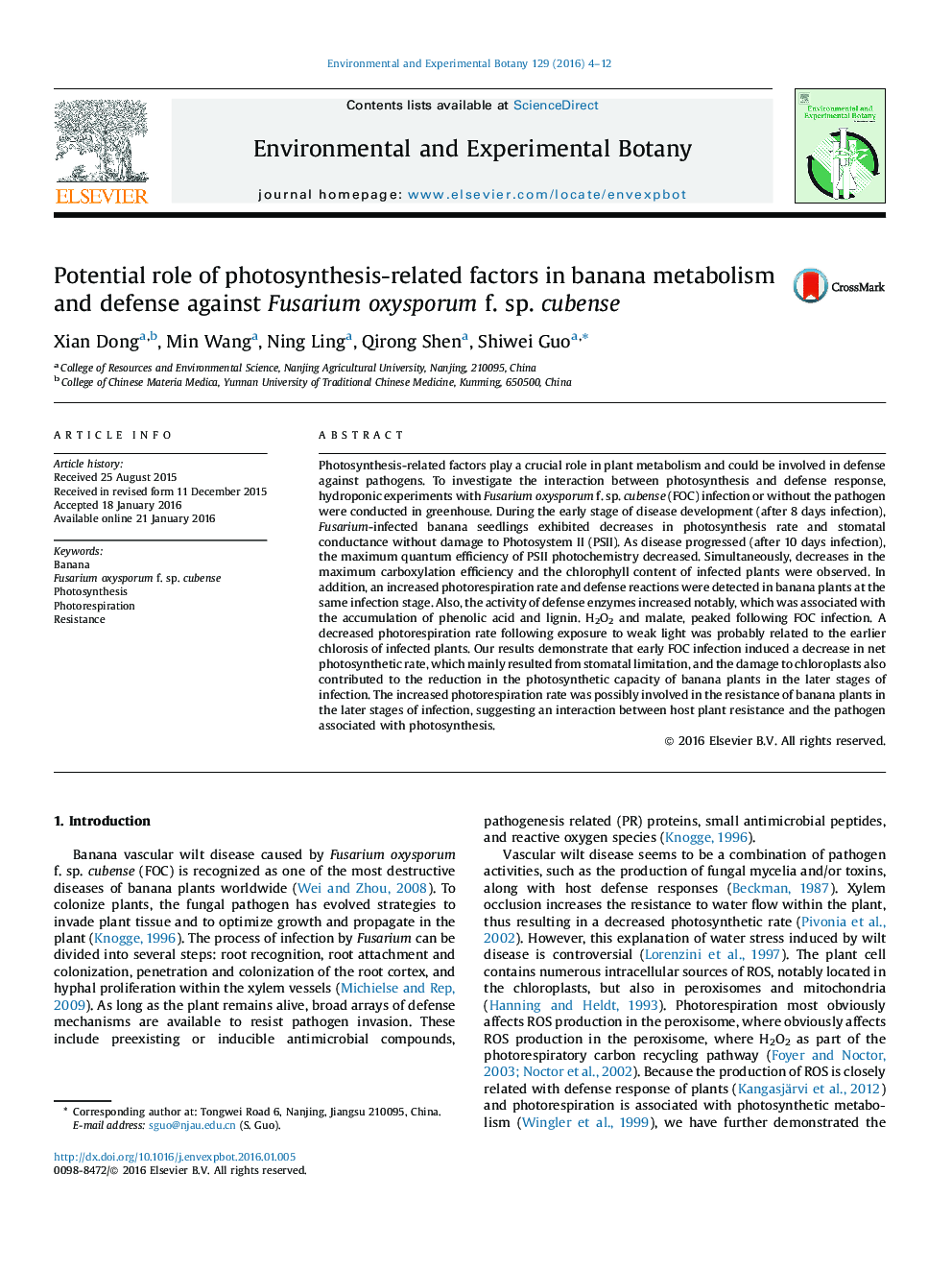 Potential role of photosynthesis-related factors in banana metabolism and defense against Fusarium oxysporum f. sp. cubense