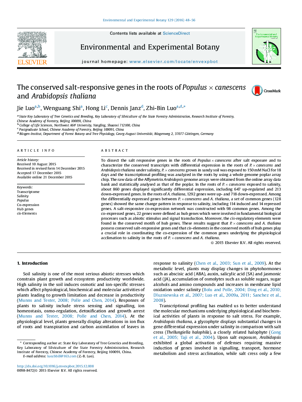 The conserved salt-responsive genes in the roots of Populus × canescens and Arabidopsis thaliana