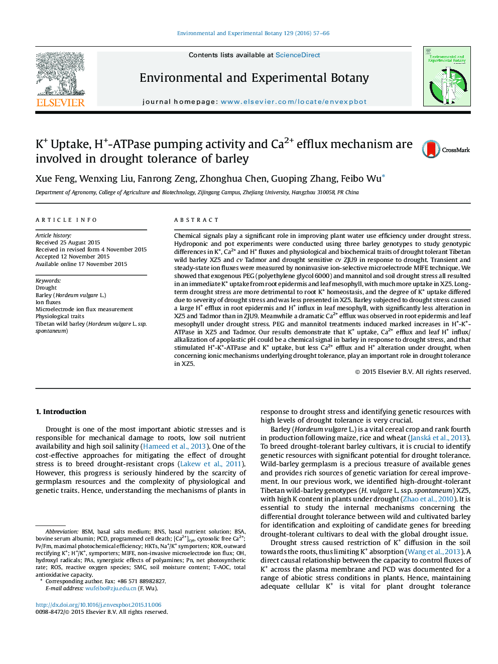 K+ Uptake, H+-ATPase pumping activity and Ca2+ efflux mechanism are involved in drought tolerance of barley