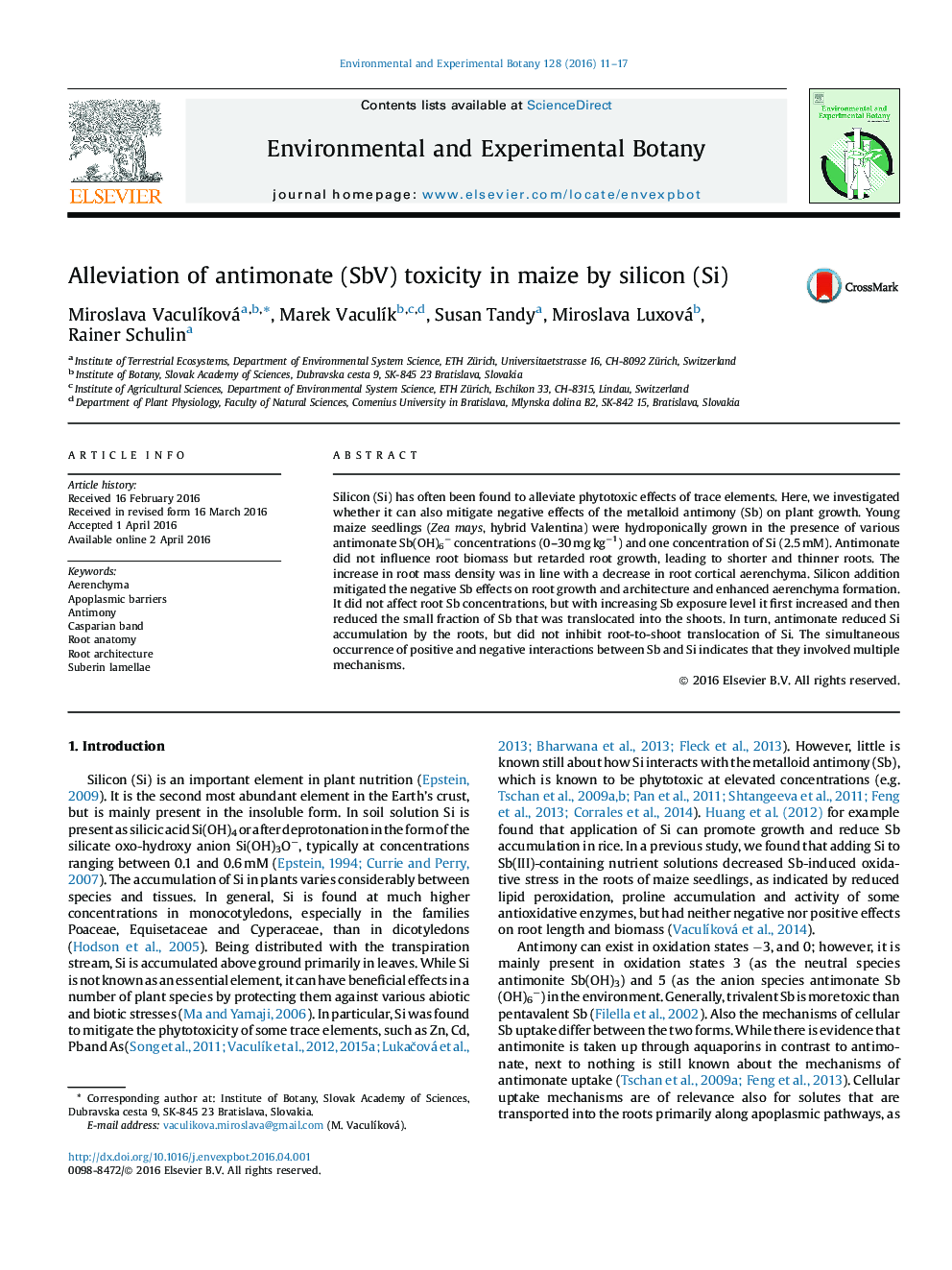 Alleviation of antimonate (SbV) toxicity in maize by silicon (Si)