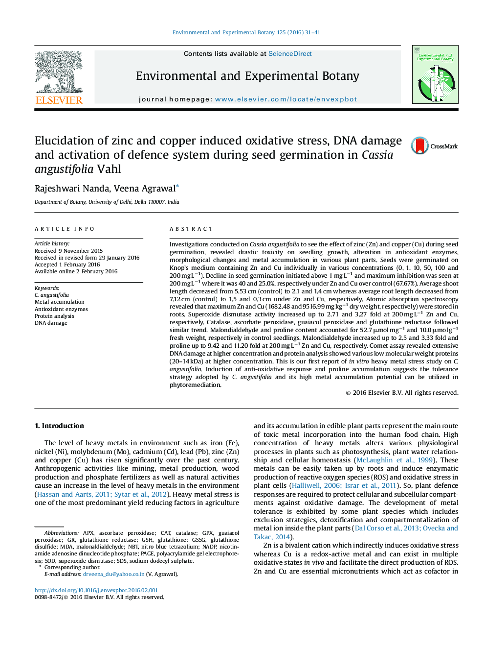 Elucidation of zinc and copper induced oxidative stress, DNA damage and activation of defence system during seed germination in Cassia angustifolia Vahl