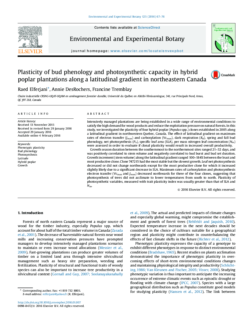 Plasticity of bud phenology and photosynthetic capacity in hybrid poplar plantations along a latitudinal gradient in northeastern Canada