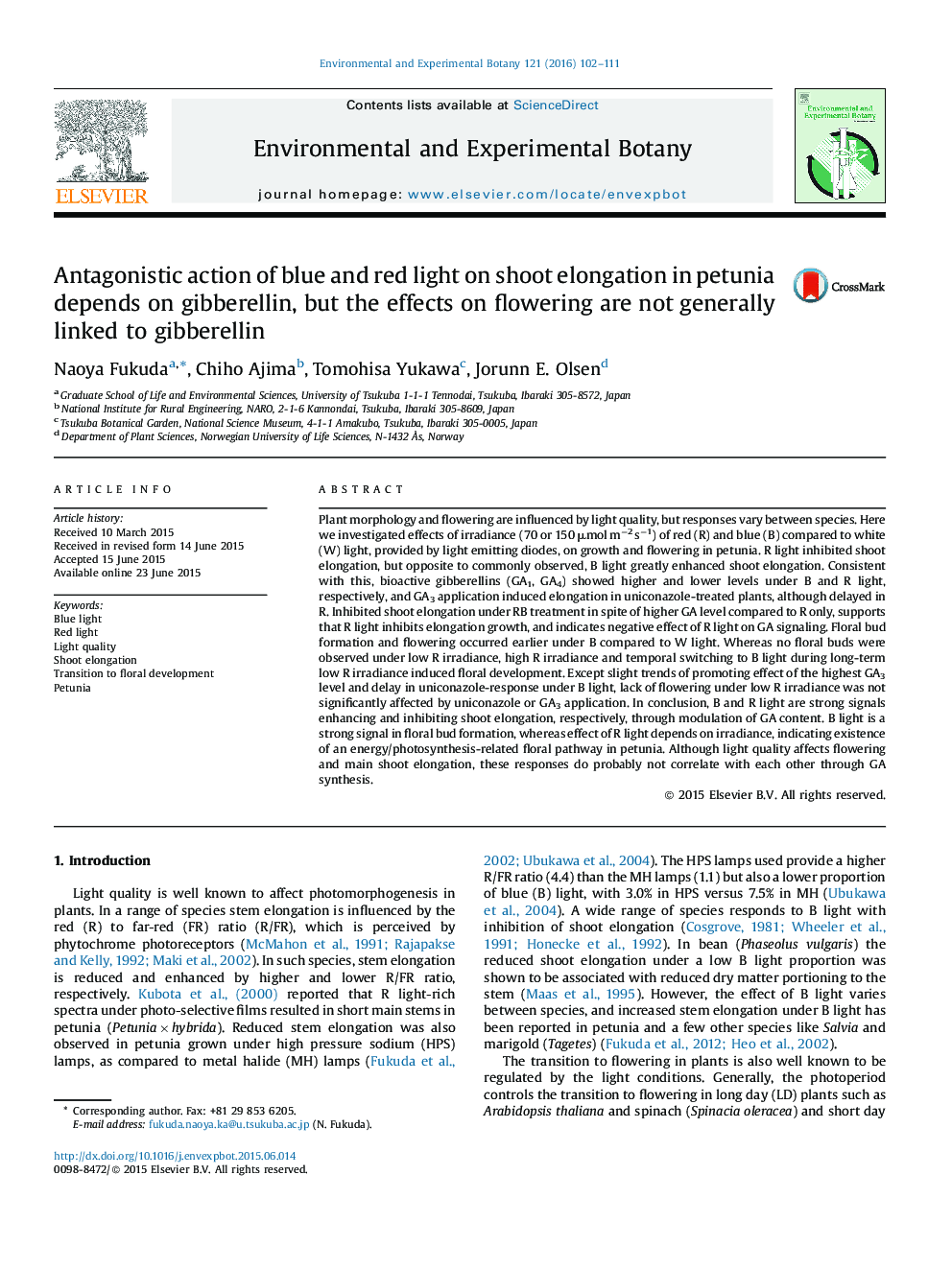 اثر آنتاگونیستی نور آبی و قرمز بر طول انقباض ساقه در پتونا، به گیببرلین بستگی دارد، اما تأثیرات بر گلدهی به طور کلی با گیببرلین ارتباط ندارد 