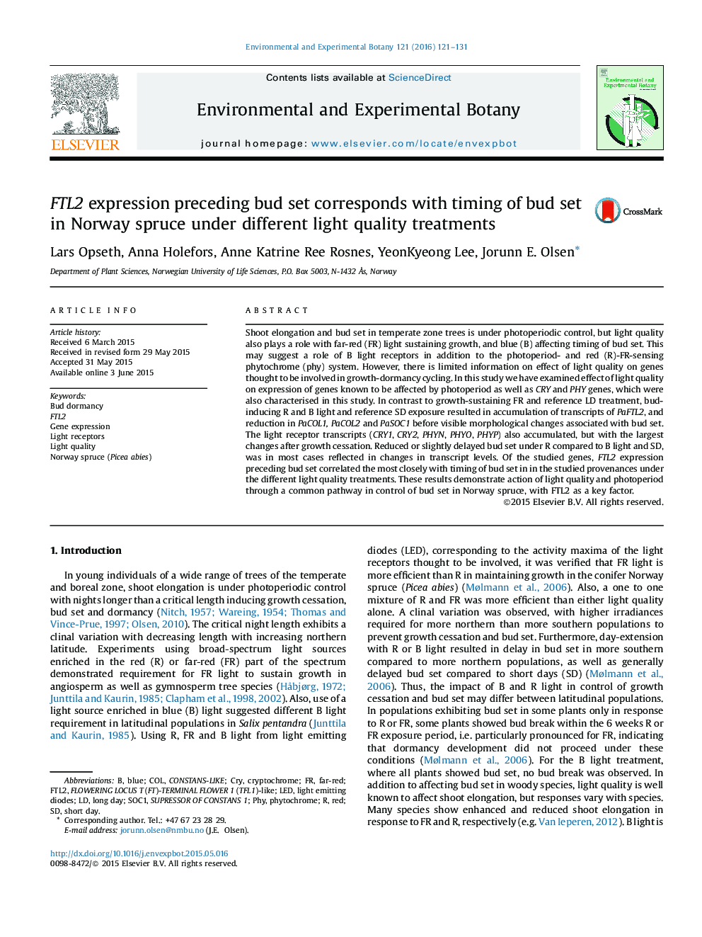 FTL2 expression preceding bud set corresponds with timing of bud set in Norway spruce under different light quality treatments