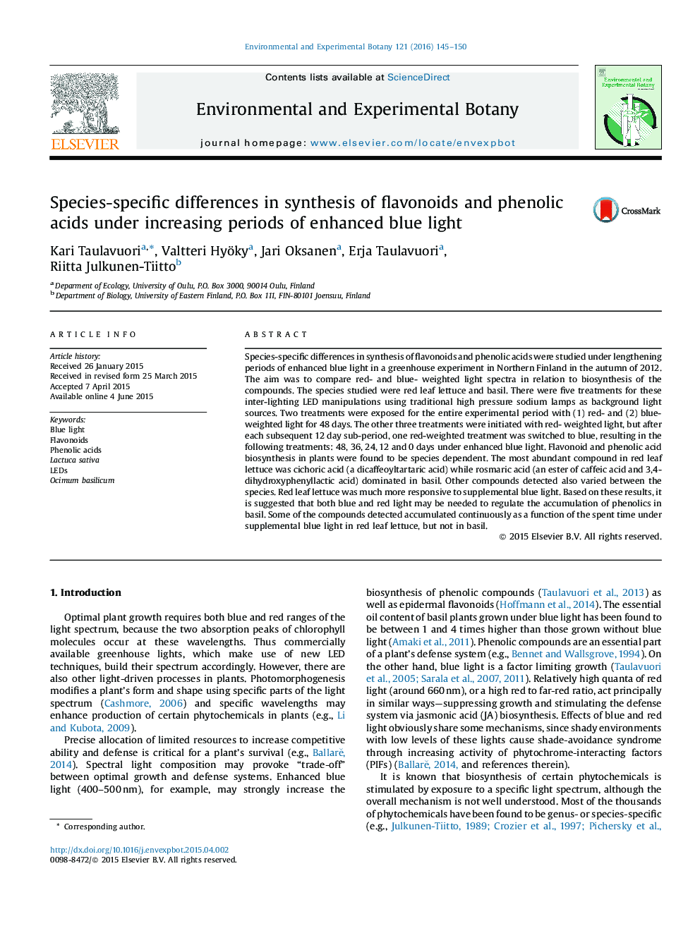 تفاوت-گونه خاص در سنتز فلاونوئیدها و اسیدهای فنولیک تحت دوره افزایش نور آبی افزایش یافته