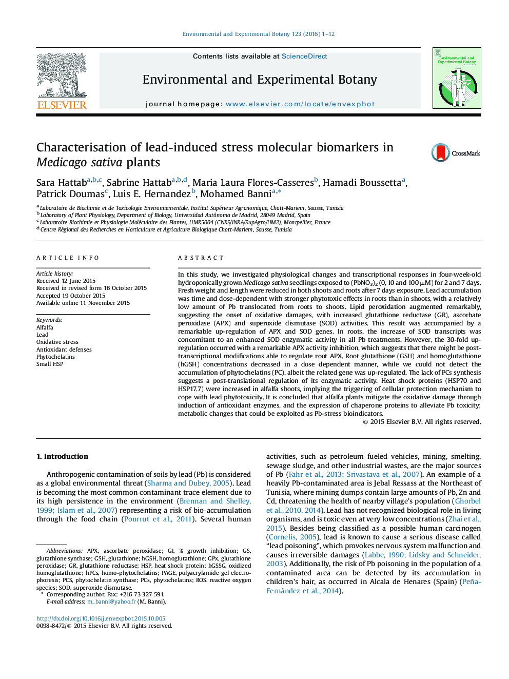 Characterisation of lead-induced stress molecular biomarkers in Medicago sativa plants