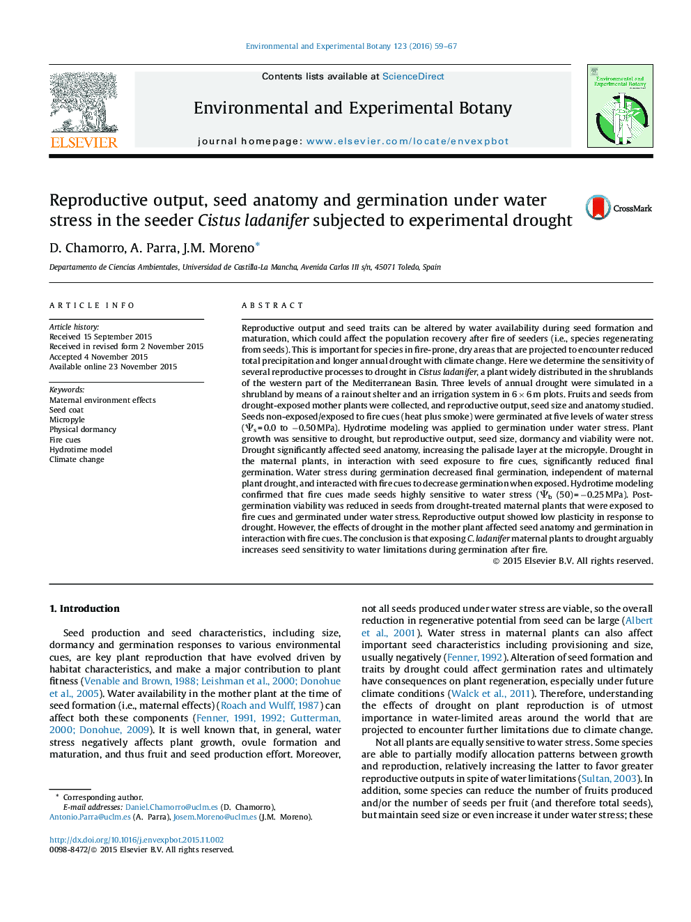 Reproductive output, seed anatomy and germination under water stress in the seeder Cistus ladanifer subjected to experimental drought