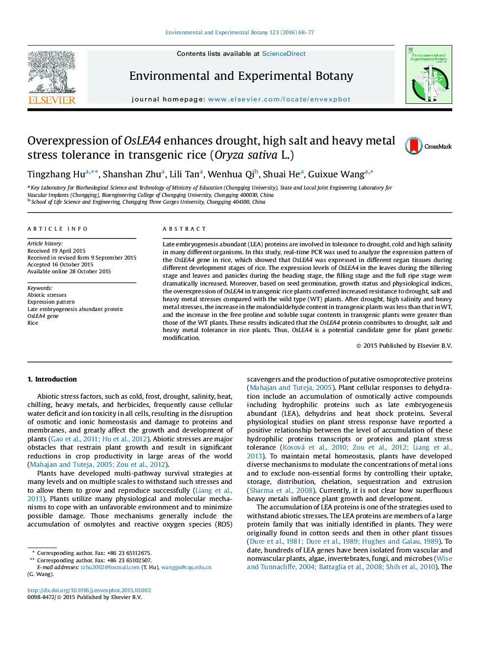 Overexpression of OsLEA4 enhances drought, high salt and heavy metal stress tolerance in transgenic rice (Oryza sativa L.)