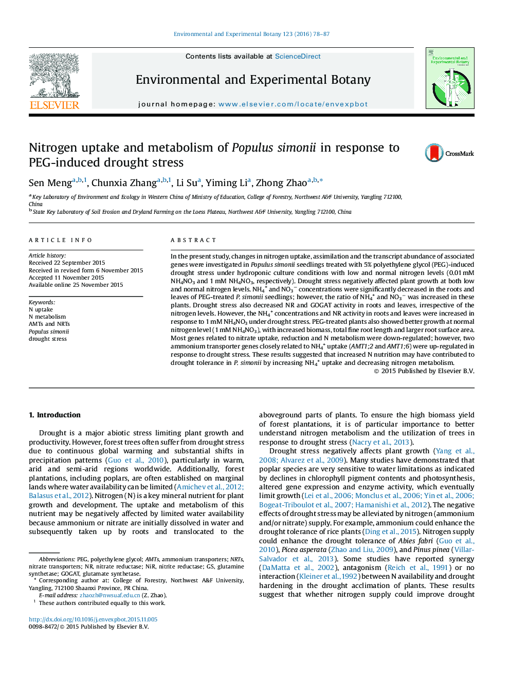 Nitrogen uptake and metabolism of Populus simonii in response to PEG-induced drought stress