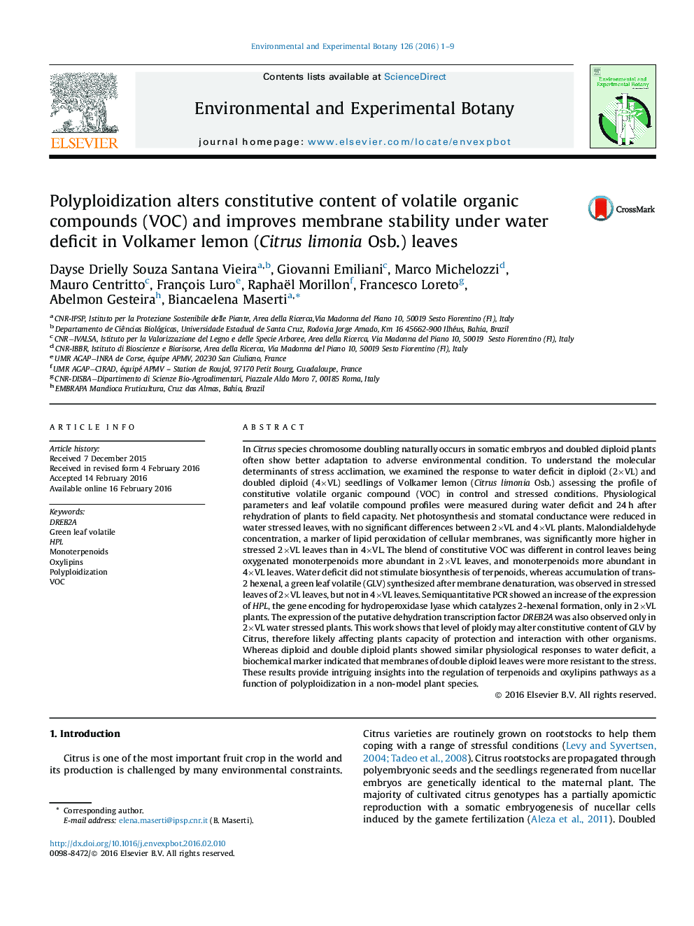 Polyploidization alters constitutive content of volatile organic compounds (VOC) and improves membrane stability under water deficit in Volkamer lemon (Citrus limonia Osb.) leaves