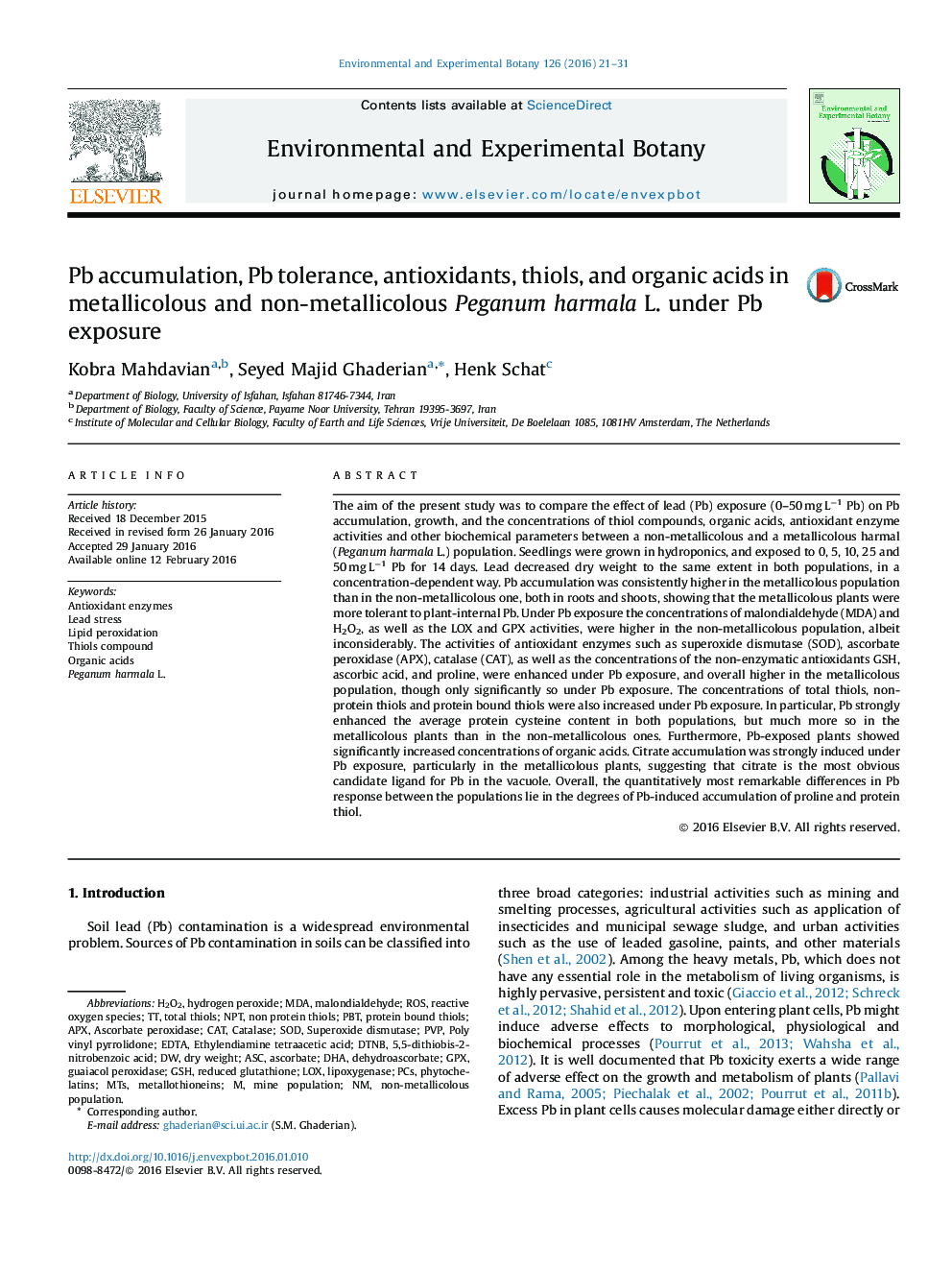 Pb accumulation, Pb tolerance, antioxidants, thiols, and organic acids in metallicolous and non-metallicolous Peganum harmala L. under Pb exposure