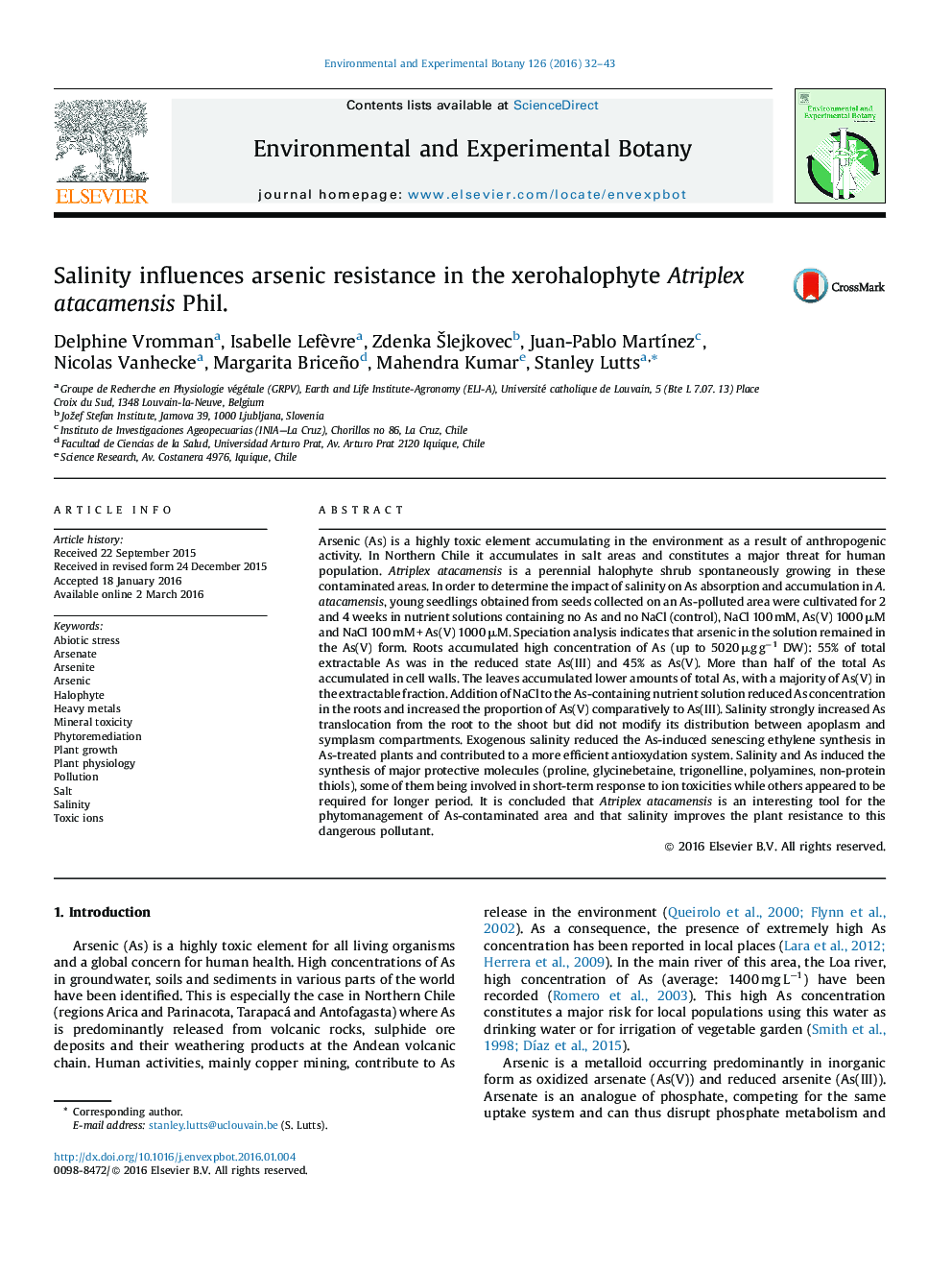 Salinity influences arsenic resistance in the xerohalophyte Atriplex atacamensis Phil.