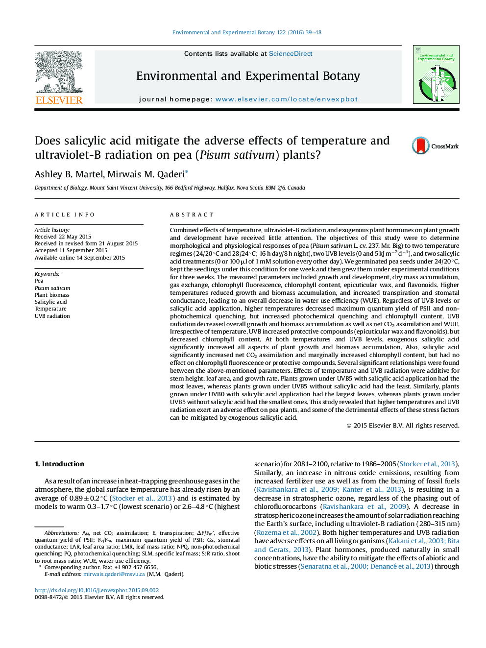 Does salicylic acid mitigate the adverse effects of temperature and ultraviolet-B radiation on pea (Pisum sativum) plants?