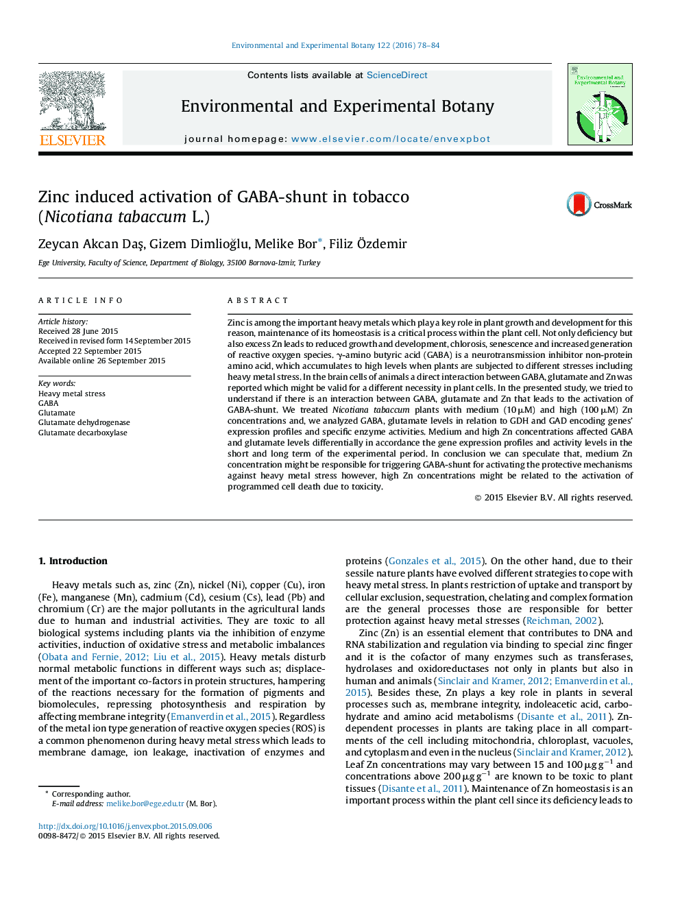 Zinc induced activation of GABA-shunt in tobacco (Nicotiana tabaccum L.)