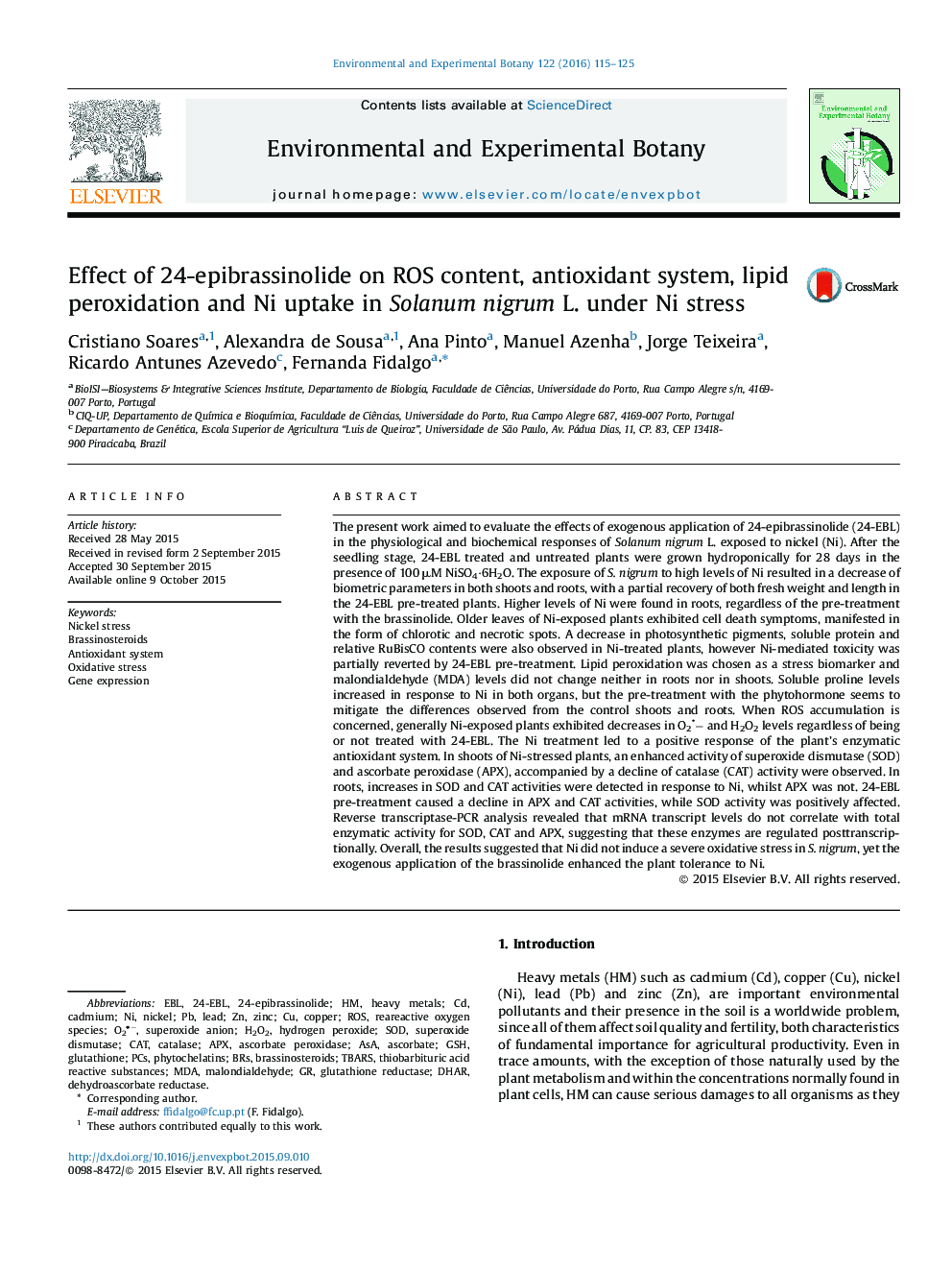 عکس صفحه اول مقاله: Effect of 24-epibrassinolide on ROS content, antioxidant system, lipid peroxidation and Ni uptake in Solanum nigrum L. under Ni stress Effect of 24-epibrassinolide on ROS content, antioxidant system, lipid peroxidation and Ni uptake in Solanum nigrum L. under Ni stress