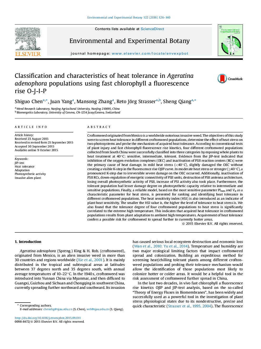 Classification and characteristics of heat tolerance in Ageratina adenophora populations using fast chlorophyll a fluorescence rise O-J-I-P