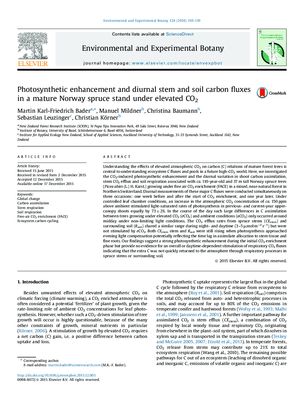 Photosynthetic enhancement and diurnal stem and soil carbon fluxes in a mature Norway spruce stand under elevated CO2