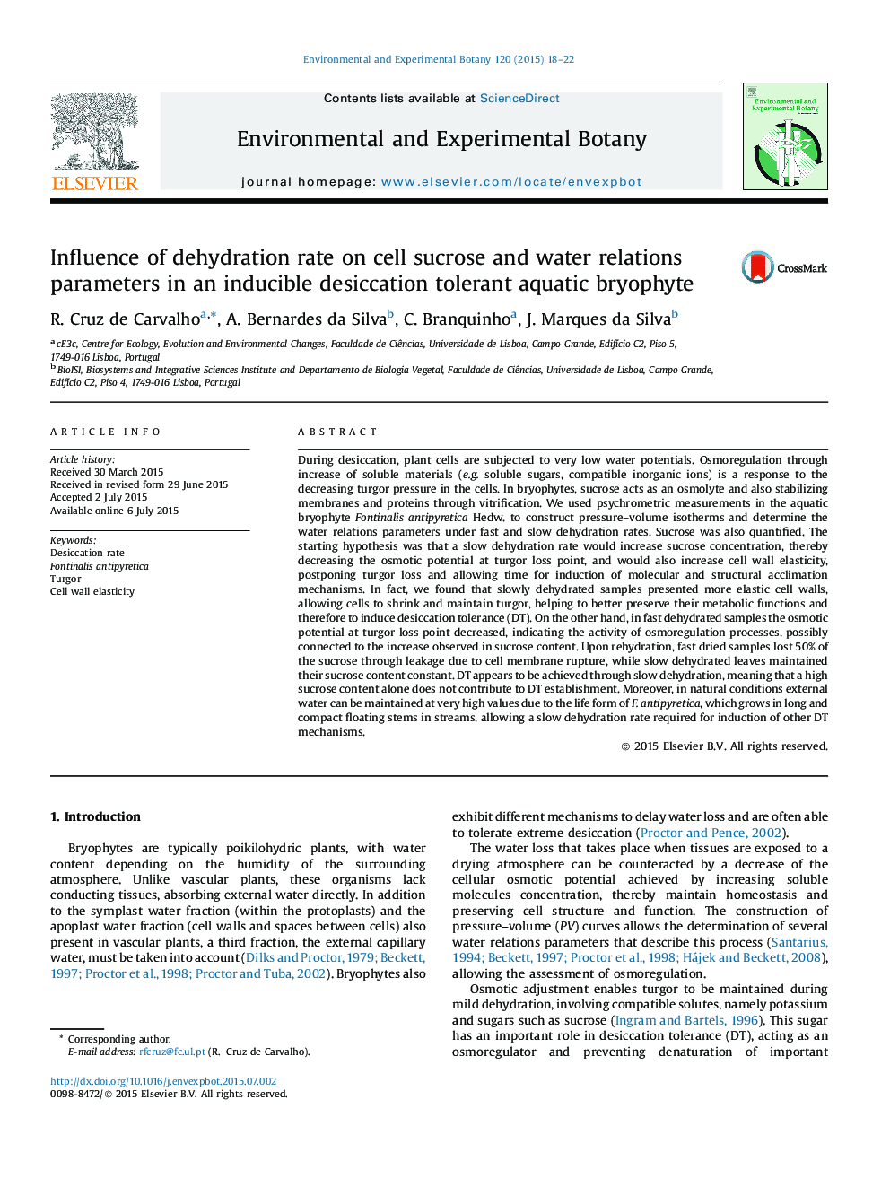 Influence of dehydration rate on cell sucrose and water relations parameters in an inducible desiccation tolerant aquatic bryophyte