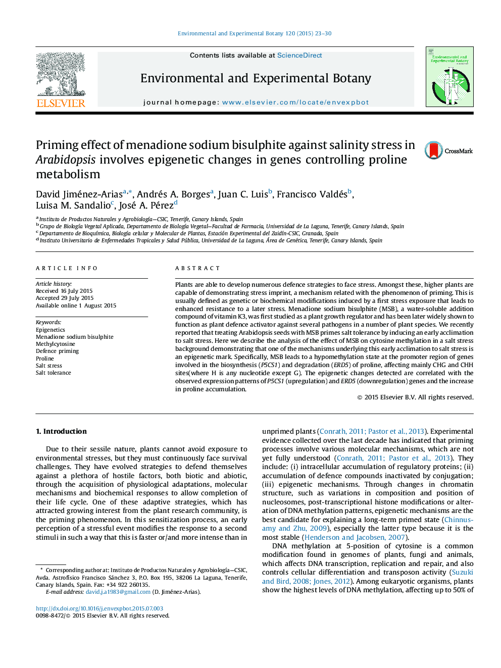 Priming effect of menadione sodium bisulphite against salinity stress in Arabidopsis involves epigenetic changes in genes controlling proline metabolism