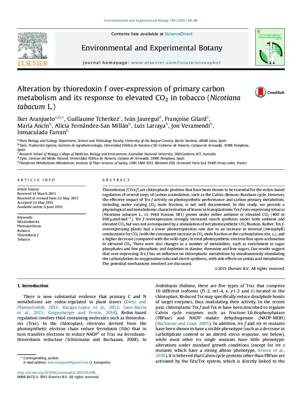 Alteration by thioredoxin f over-expression of primary carbon metabolism and its response to elevated CO2 in tobacco (Nicotiana tabacum L.)