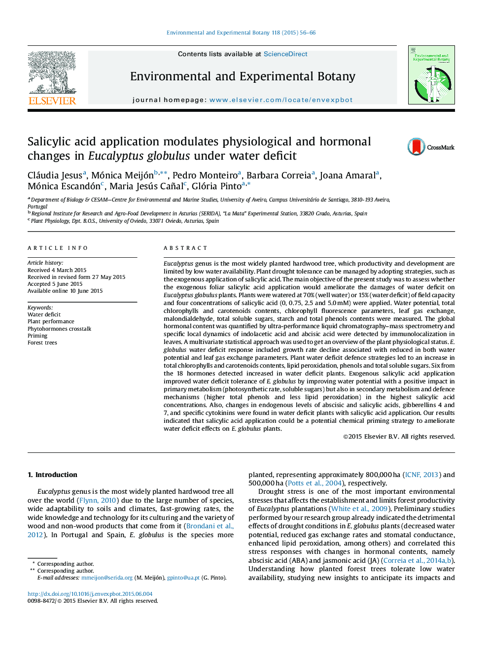 Salicylic acid application modulates physiological and hormonal changes in Eucalyptus globulus under water deficit