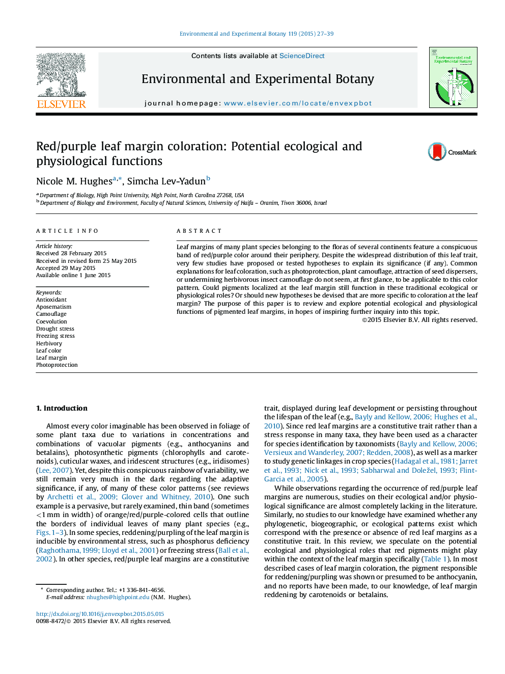 Red/purple leaf margin coloration: Potential ecological and physiological functions