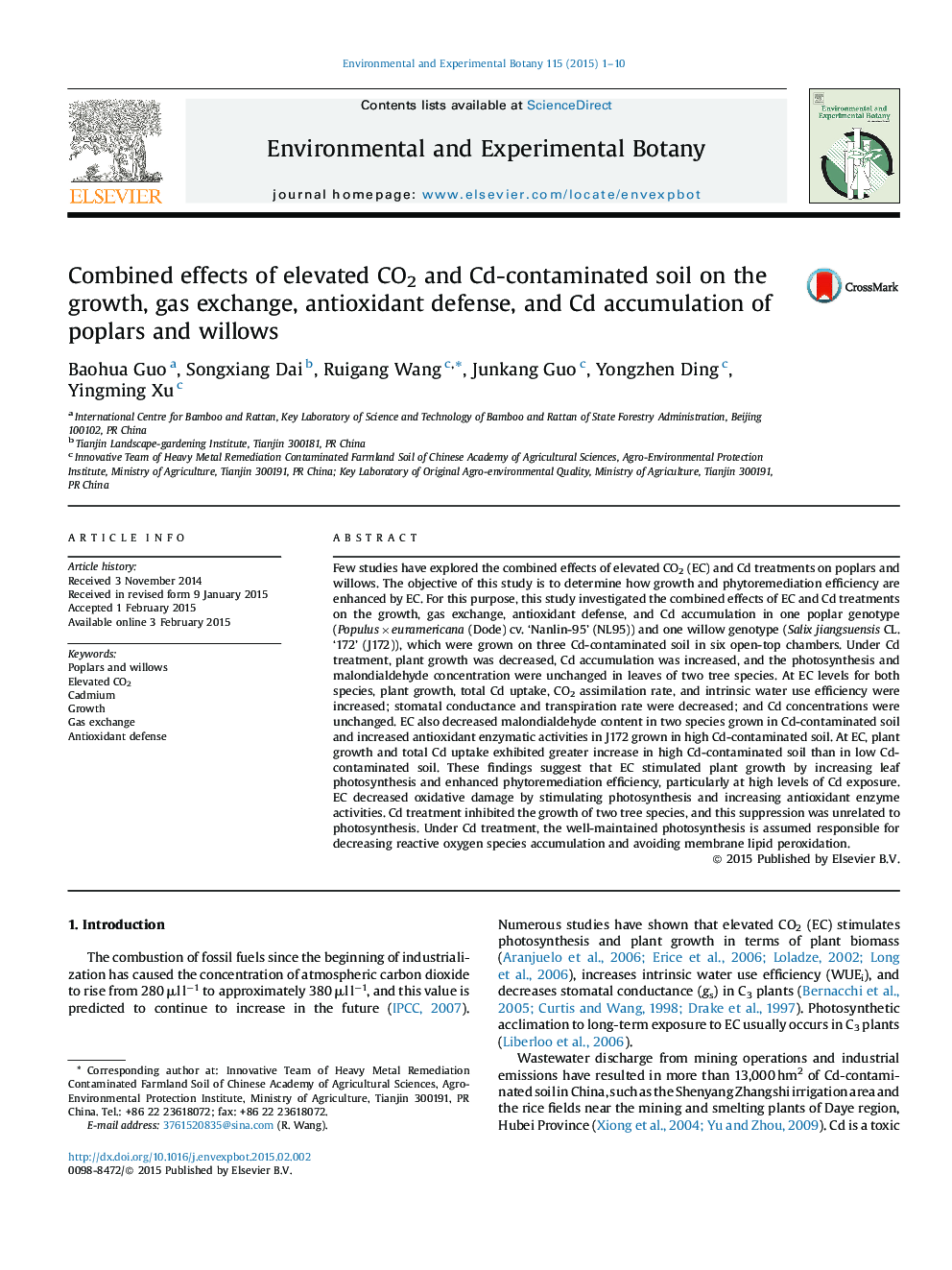 Combined effects of elevated CO2 and Cd-contaminated soil on the growth, gas exchange, antioxidant defense, and Cd accumulation of poplars and willows