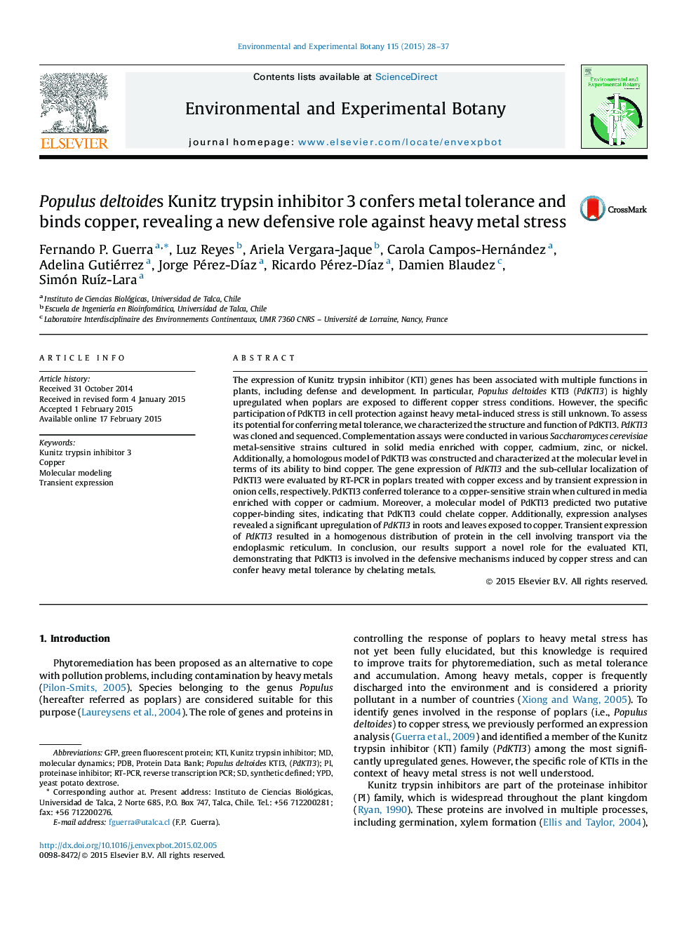 Populus deltoides Kunitz trypsin inhibitor 3 confers metal tolerance and binds copper, revealing a new defensive role against heavy metal stress