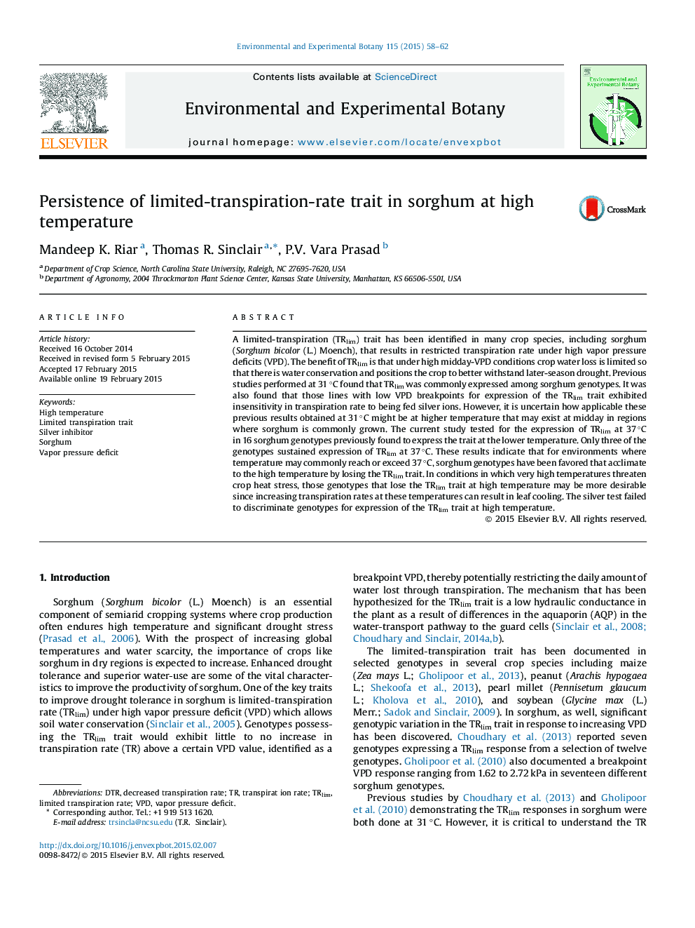 Persistence of limited-transpiration-rate trait in sorghum at high temperature