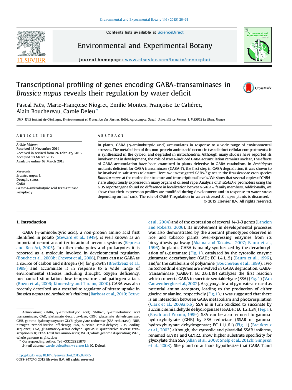 عکس صفحه اول مقاله: Transcriptional profiling of genes encoding GABA-transaminases in Brassica napus reveals their regulation by water deficit Transcriptional profiling of genes encoding GABA-transaminases in Brassica napus reveals their regulation by water deficit