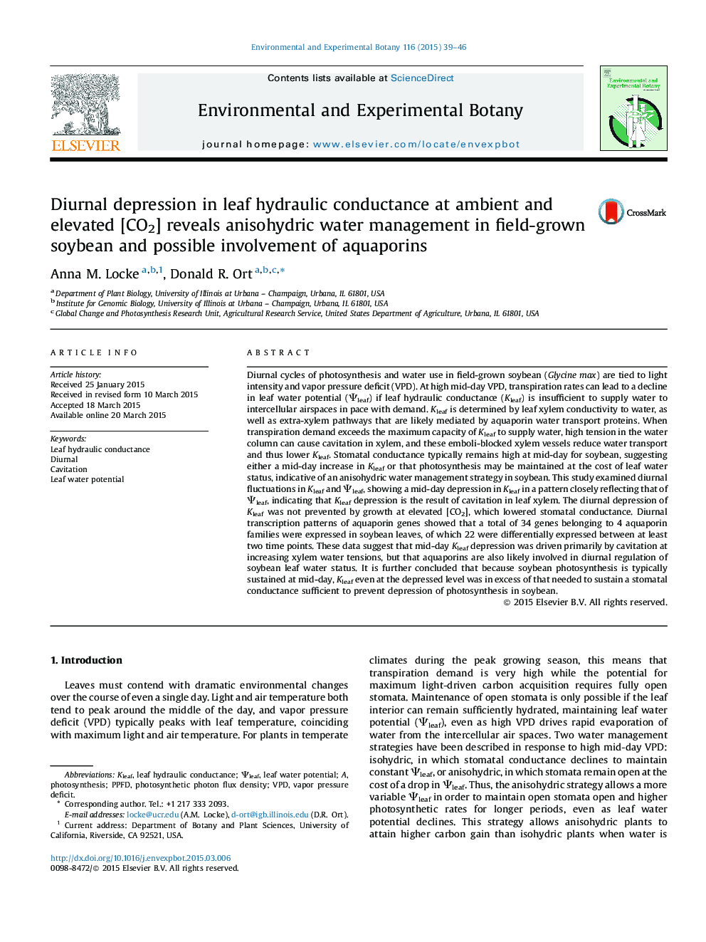 Diurnal depression in leaf hydraulic conductance at ambient and elevated [CO2] reveals anisohydric water management in field-grown soybean and possible involvement of aquaporins