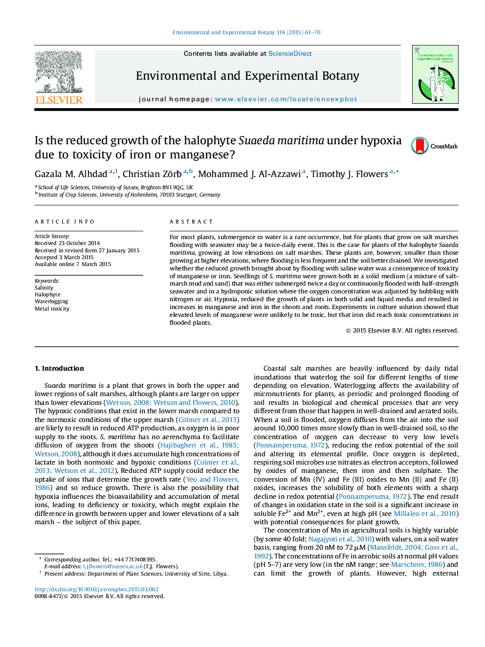 Is the reduced growth of the halophyte Suaeda maritima under hypoxia due to toxicity of iron or manganese?