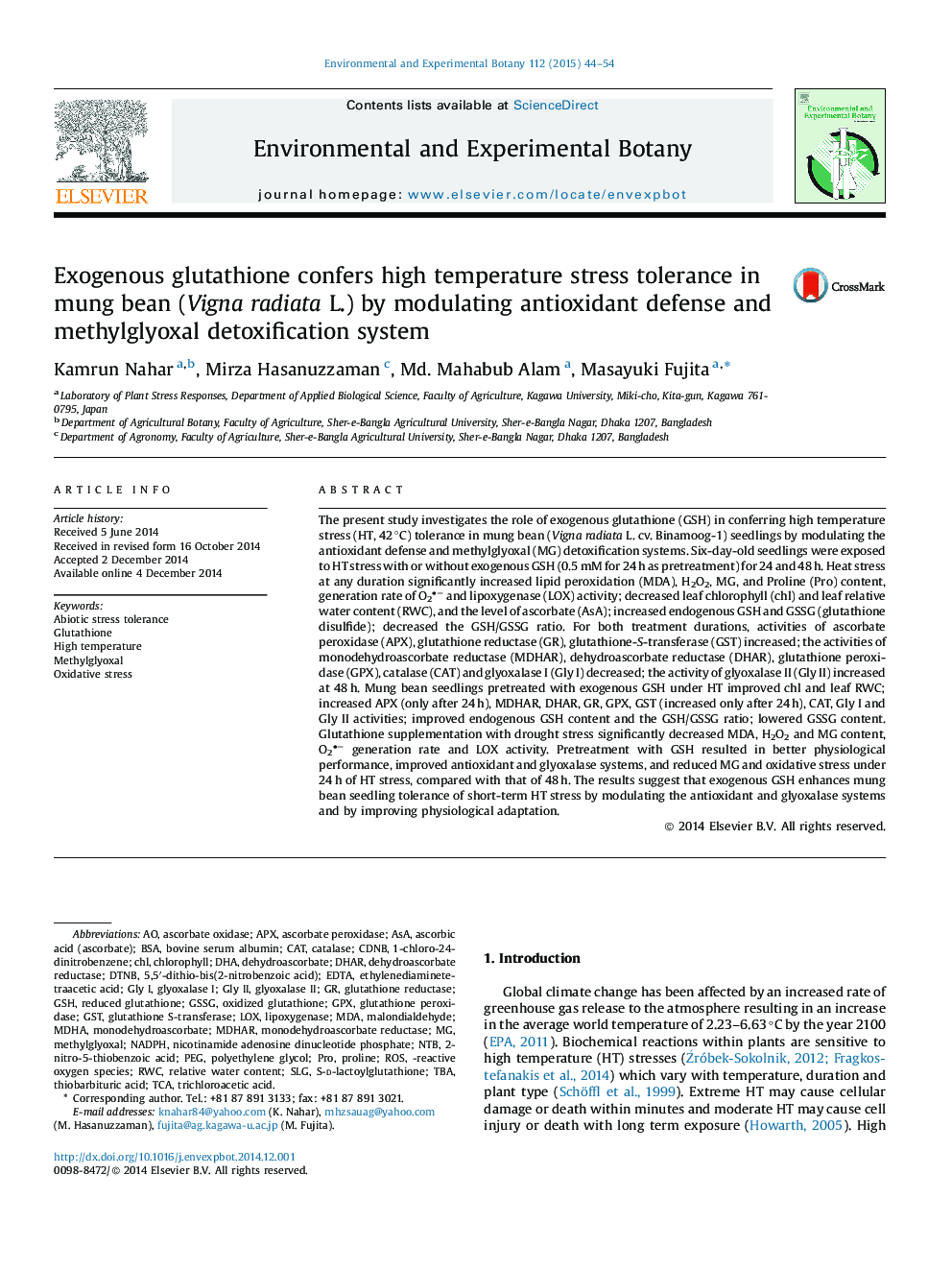 Exogenous glutathione confers high temperature stress tolerance in mung bean (Vigna radiata L.) by modulating antioxidant defense and methylglyoxal detoxification system