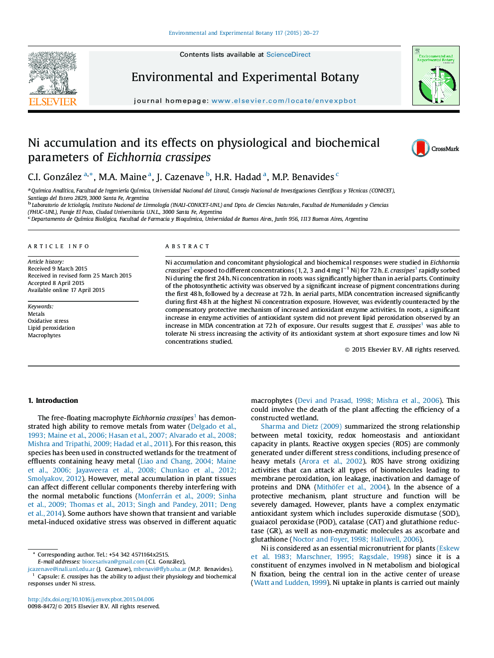 Ni accumulation and its effects on physiological and biochemical parameters of Eichhornia crassipes