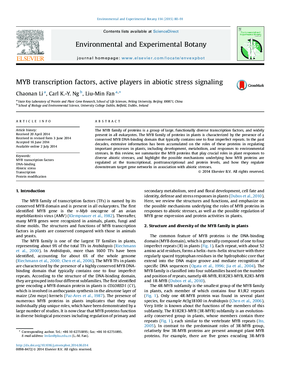 MYB transcription factors, active players in abiotic stress signaling