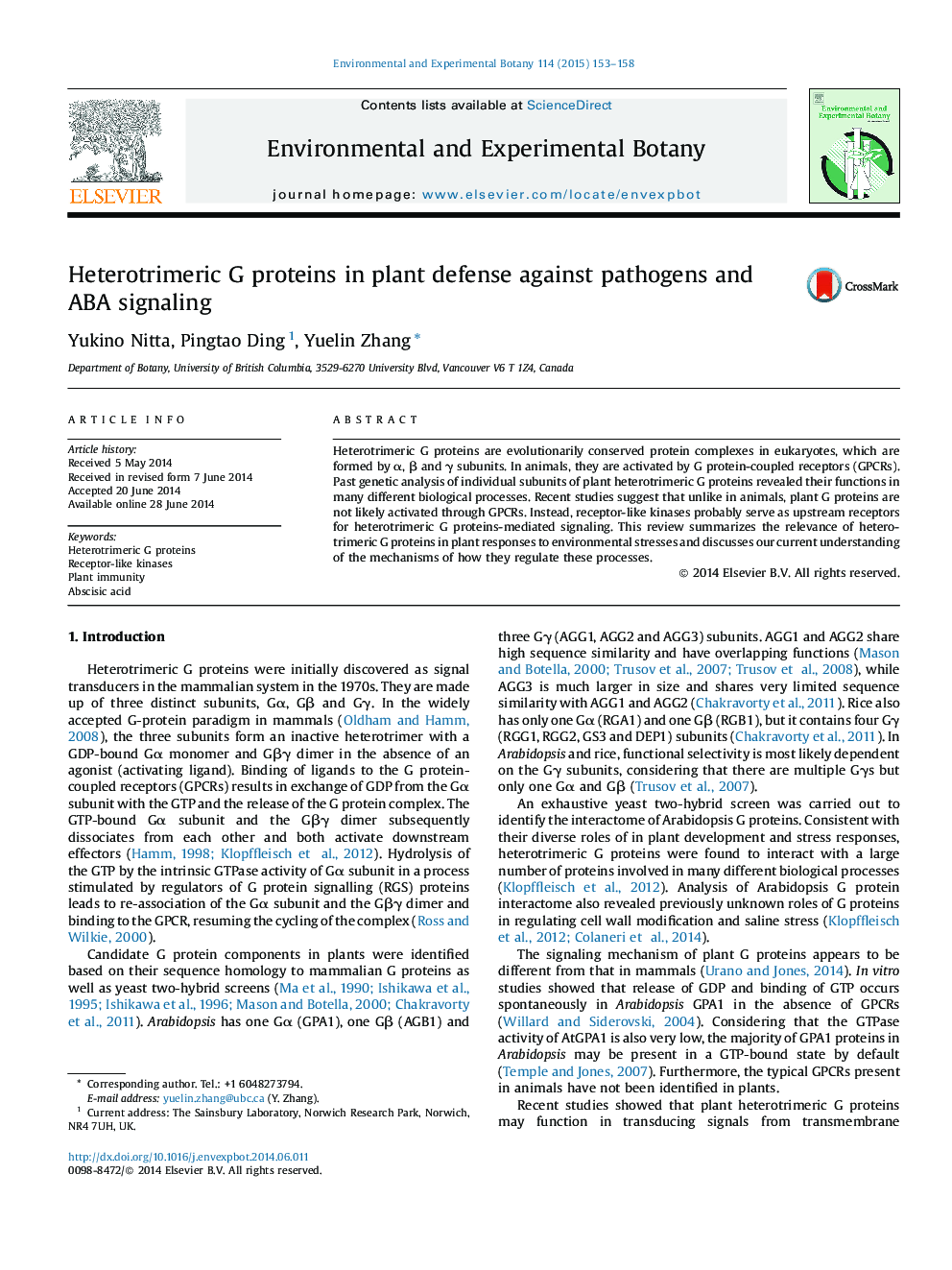 Heterotrimeric G proteins in plant defense against pathogens and ABA signaling