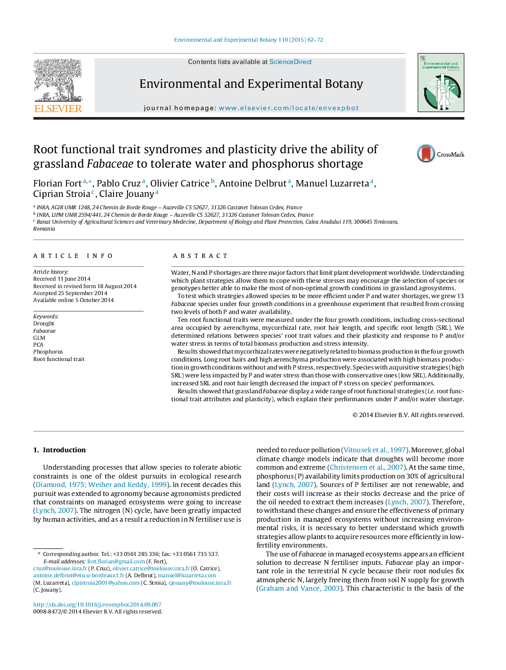 Root functional trait syndromes and plasticity drive the ability of grassland Fabaceae to tolerate water and phosphorus shortage