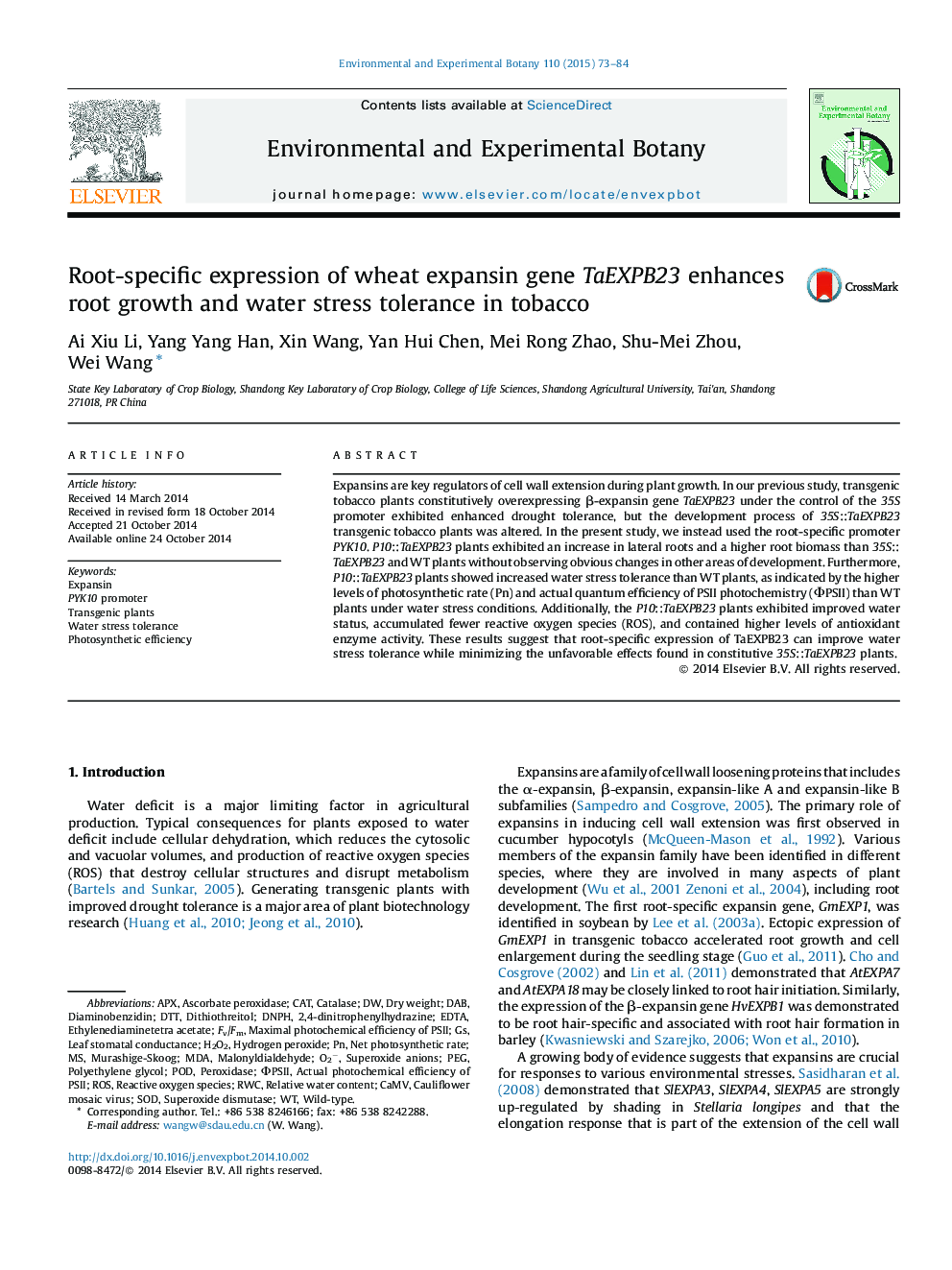 Root-specific expression of wheat expansin gene TaEXPB23 enhances root growth and water stress tolerance in tobacco