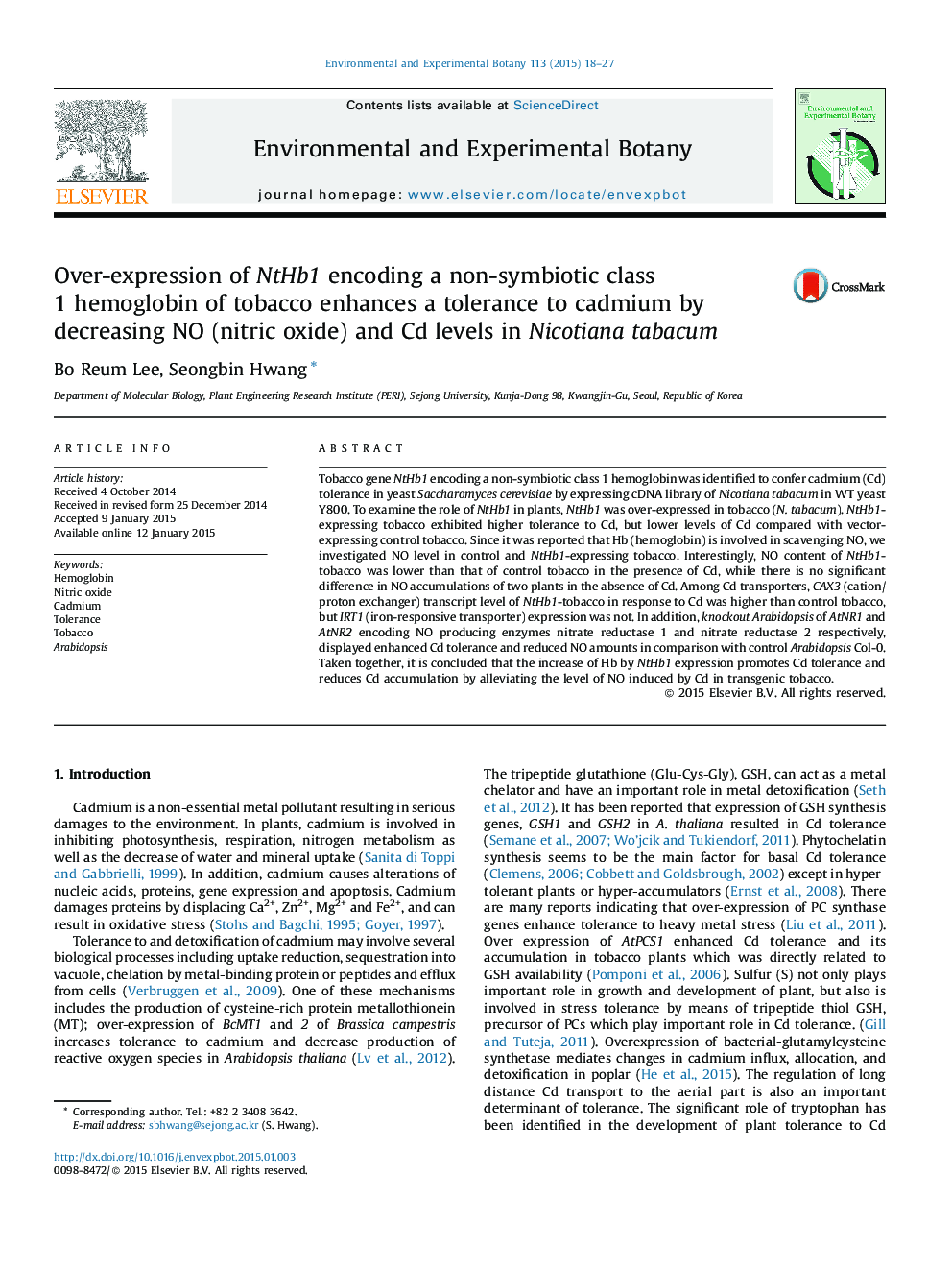 Over-expression of NtHb1 encoding a non-symbiotic class 1 hemoglobin of tobacco enhances a tolerance to cadmium by decreasing NO (nitric oxide) and Cd levels in Nicotiana tabacum