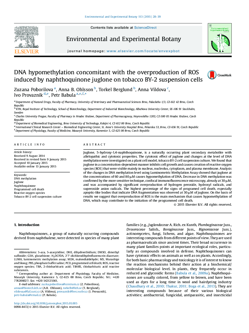 DNA hypomethylation concomitant with the overproduction of ROS induced by naphthoquinone juglone on tobacco BY-2 suspension cells